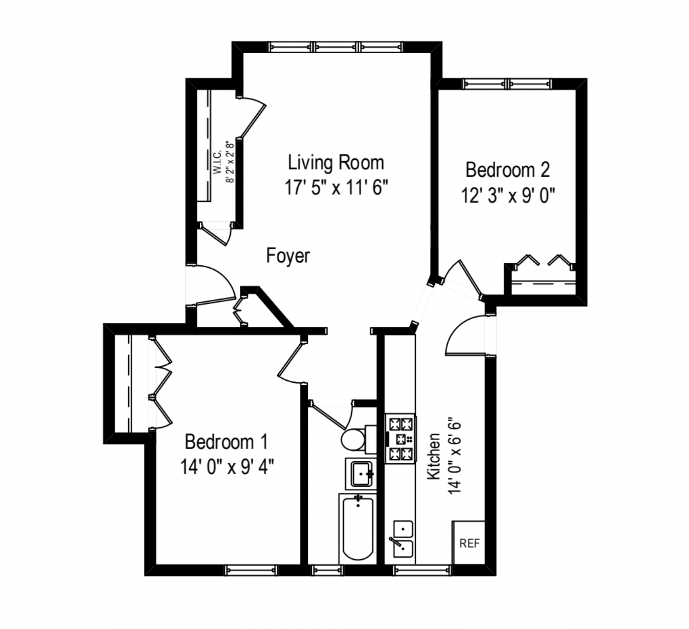 Floor plan for 2 beds, 1 bath, 655 sqft